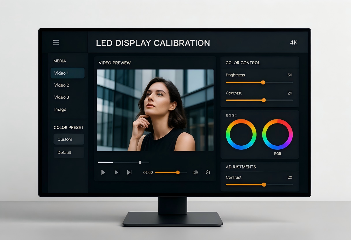 NovaLCT software calibration interface with color adjustment panels and LED display preview