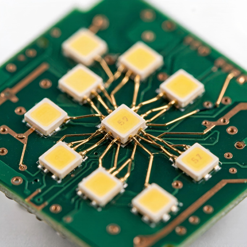 COB LED module macro close-up showing LED chips directly bonded on PCB