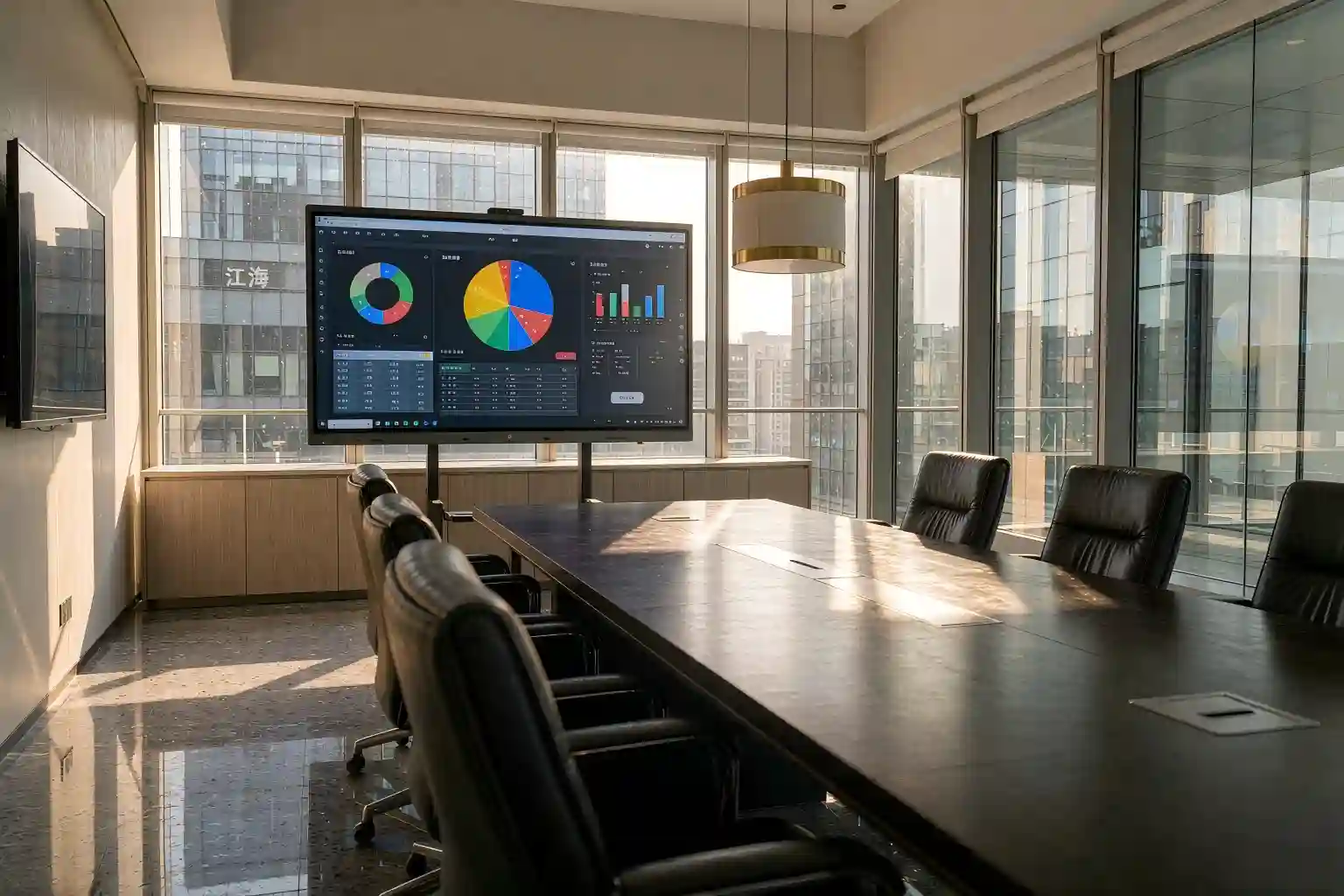 84 conference room touchscreen display mounted on a boardroom wall showing a dashboard