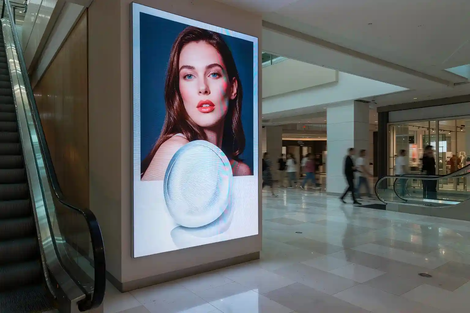 A digital display screen for advertising playing a cosmetics campaign in a shopping mall atrium