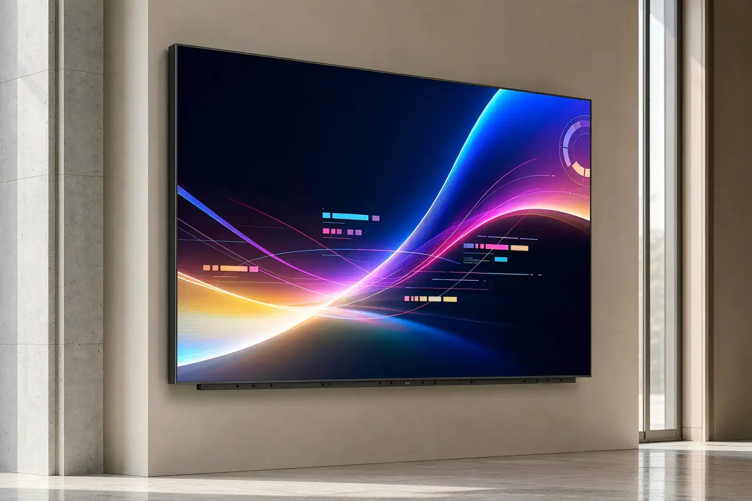 Digital signage board installed in a modern corporate lobby viewing area