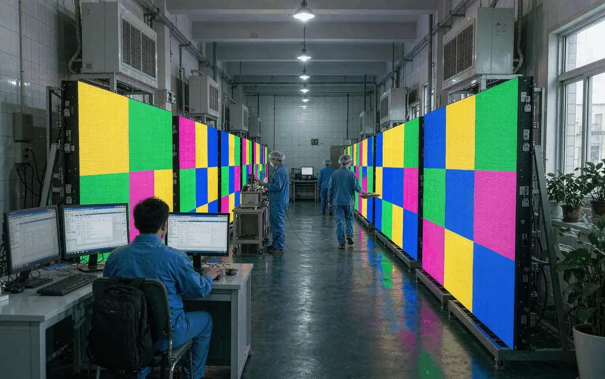 Outdoor LED billboard panels running a 72-hour aging test and colour calibration in a factory QC room