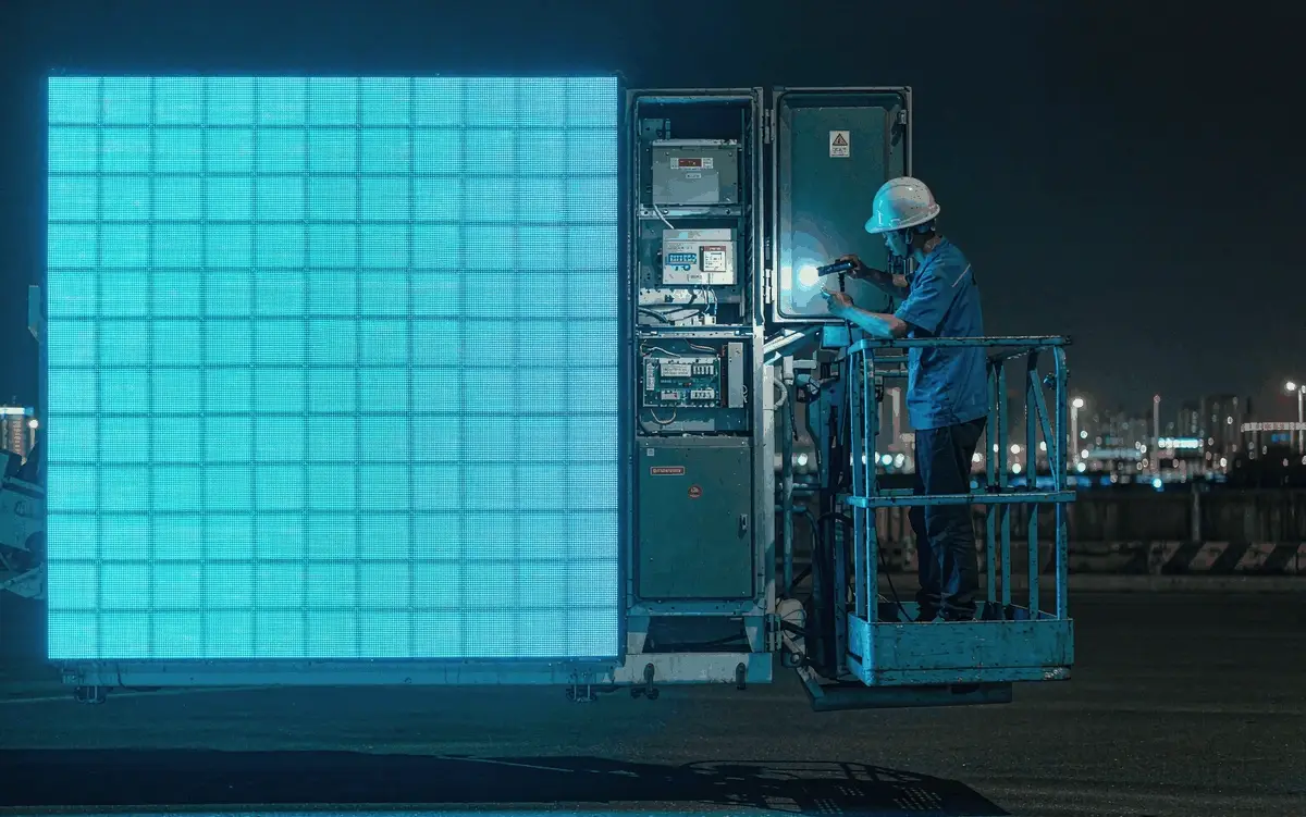 Technician on a boom lift servicing an outdoor LED billboard, showing the after-sales part of LED billboard cost