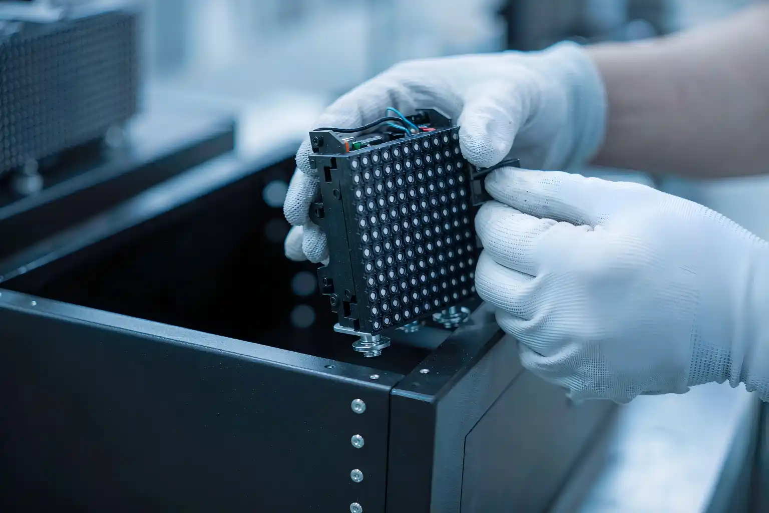 LED display module assembly and quality inspection in a clean factory