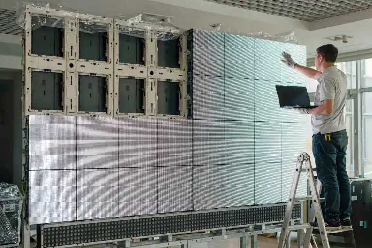 Interactive LED display wall installation and touch calibration Technician installing and calibrating a large modular LED interactive touch screen with test patterns on a laptop
