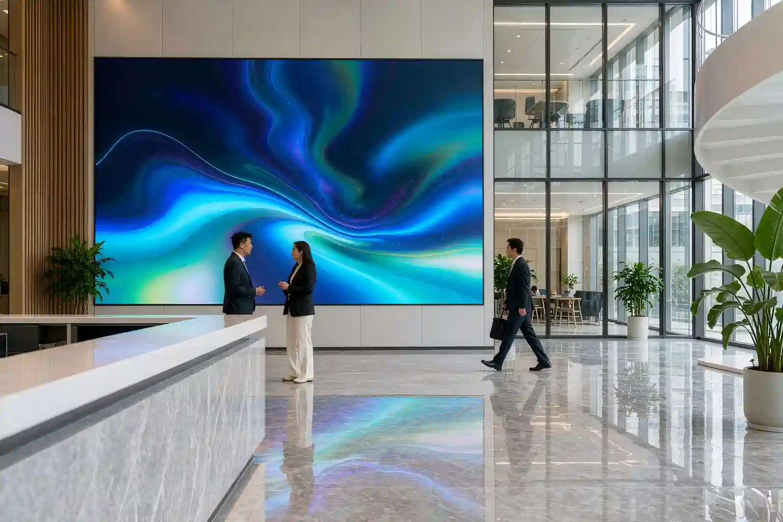 Office LED screen behind a reception desk in a corporate lobby displaying brand visuals