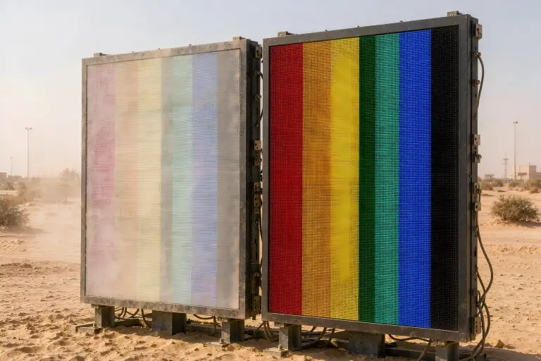 Two outdoor LED sign boards compared under Dubai midday sun: the left one faded, the right one still vivid