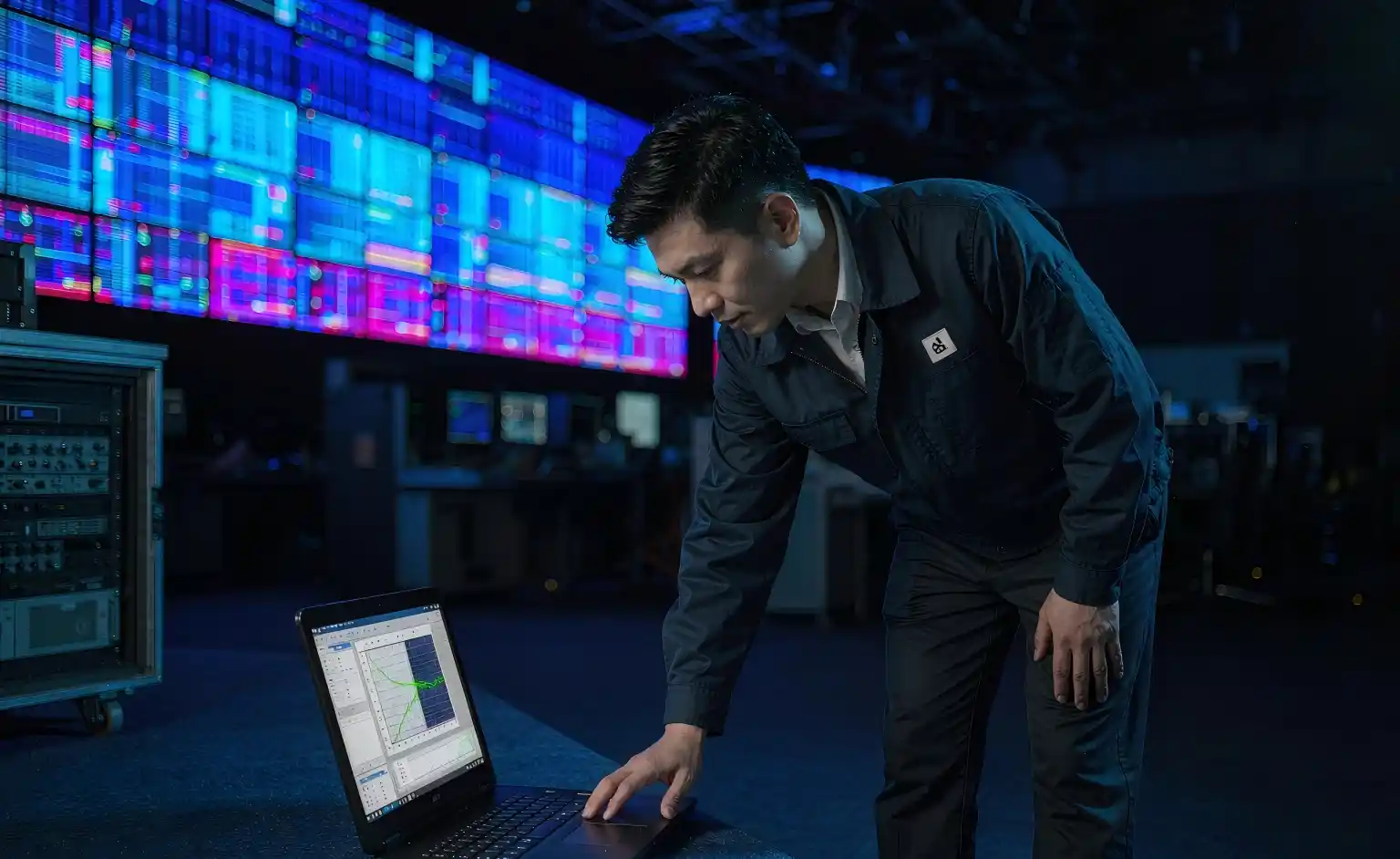 Engineer performing point-by-point calibration on an indoor LED wall screen in a control room